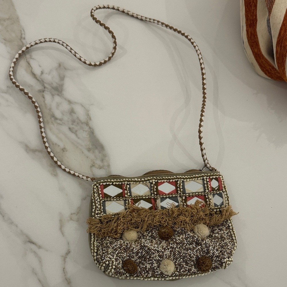 SHASHI Mosaic Beaded Crossbody Bag - Red, Brown, Cream